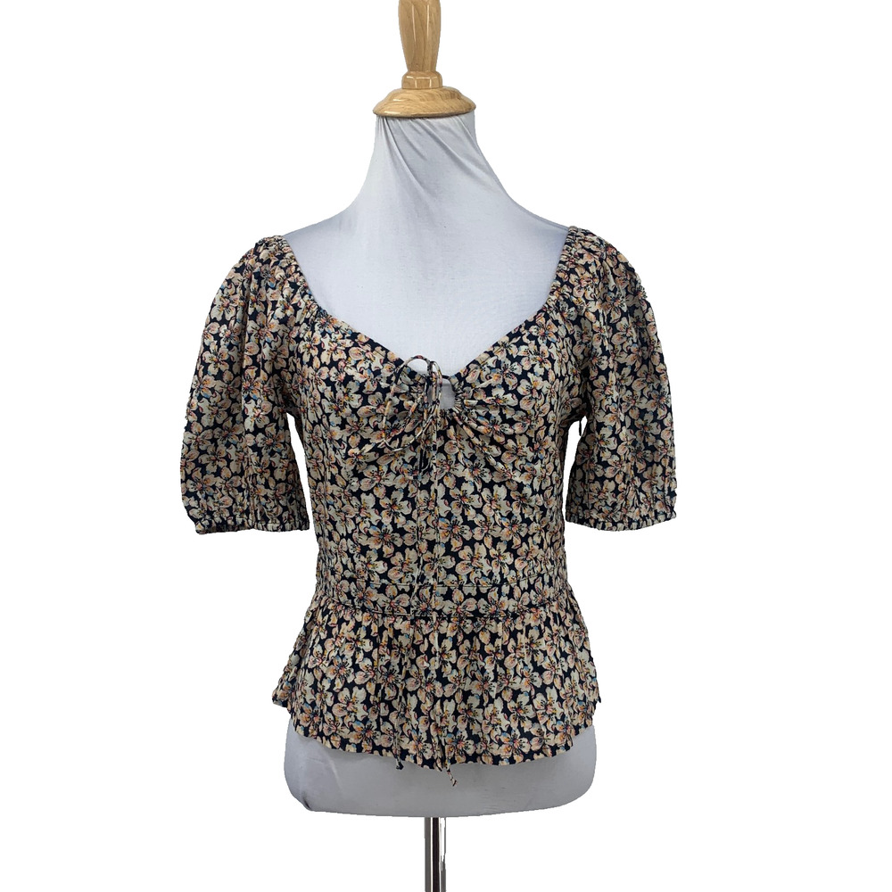 Paige Top Women S Small Floral Puff Sleeve Smocked Peplum Keyhole Tie Cropped
